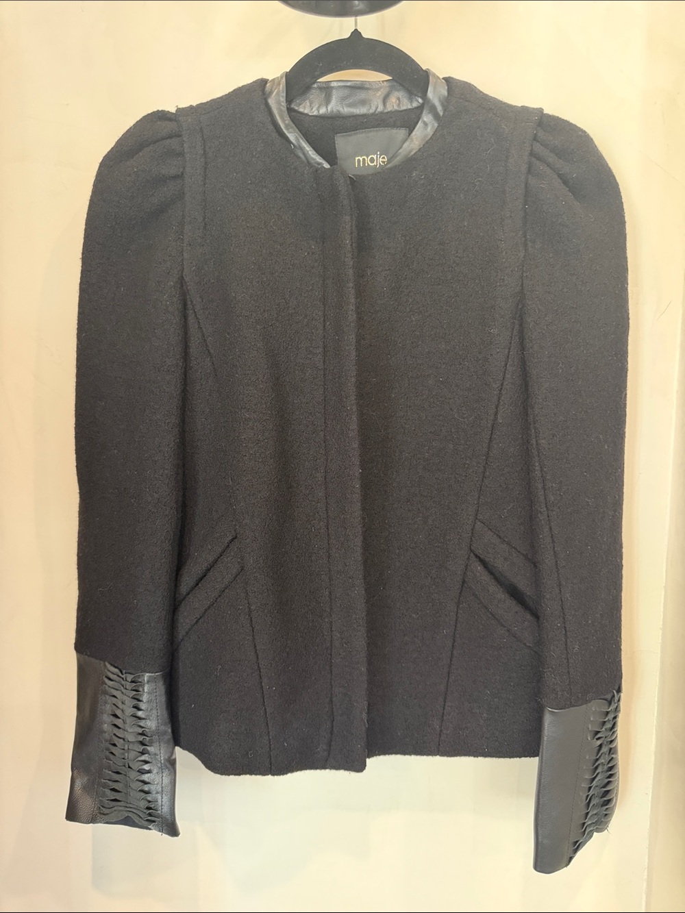 Maje Black Wool Bomber Jacket with Leather-Trim Cuffs